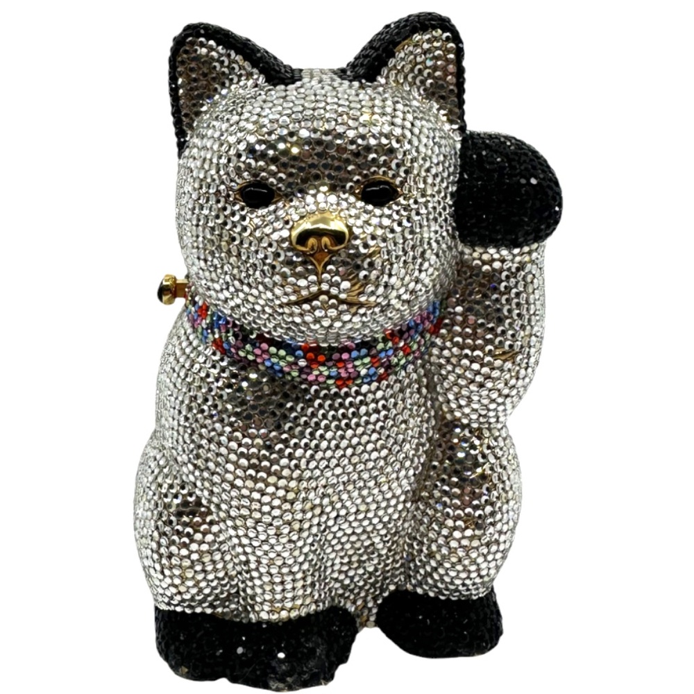 Judith Leiber Multi Color Swarovski Crystal Waiving Cat Minaudiere Evening Bag